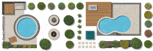 Down view of a backyard landscape with a circular hot tub and a freeform swimming pool surrounded by stone paving and wooden deck