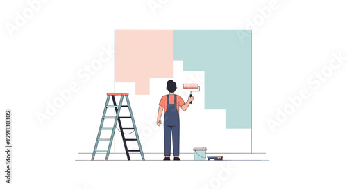 Home renovation concept with man painting wall in minimalist style