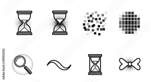 Minimalist time and search icons with halftone and pixel effects