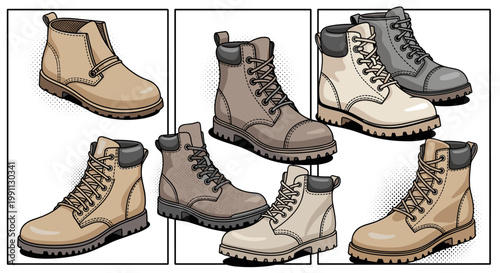 Stylish collection of casual boots: assorted designs in comic style for fashion enthusiasts
