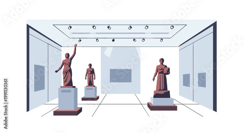 Contemporary art gallery with classical sculptures and modern lighting