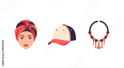 Modern accessories set: colorful headwrap, baseball cap, and beaded necklace icons on white