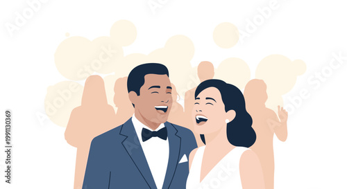 Couple in formal attire laughing together with abstract background