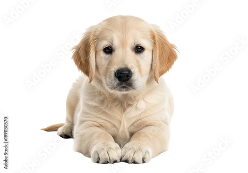A cute golden retriever puppy lying on a transparent background