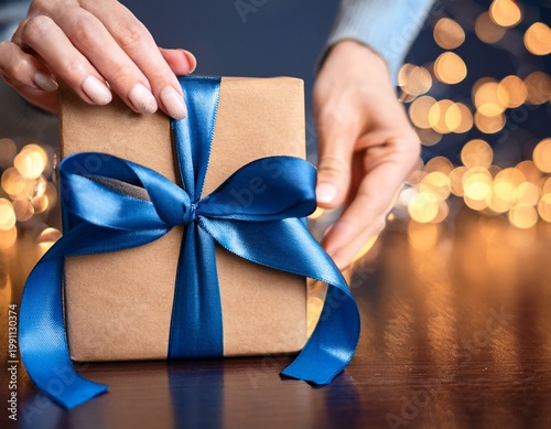 wrapping gift with blue ribbon indoors with bokeh lights