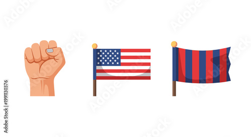 Flat icons of clenched fist, american flag, and striped flag in minimalist style