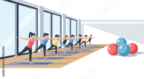 Group yoga session in modern gym with exercise balls