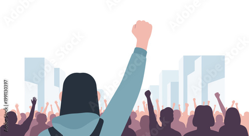 Crowd with raised fists in urban setting, back view of determined woman