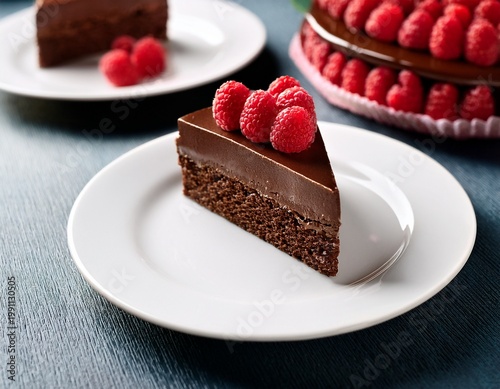chocolate raspberry cake on white plate elegant presentation