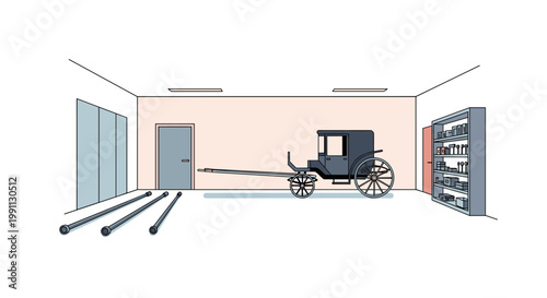 Workshop interior with vintage carriage and steel pipes in minimalist style