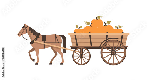 Autumn harvest wagon with pumpkins pulled by horse in flat style