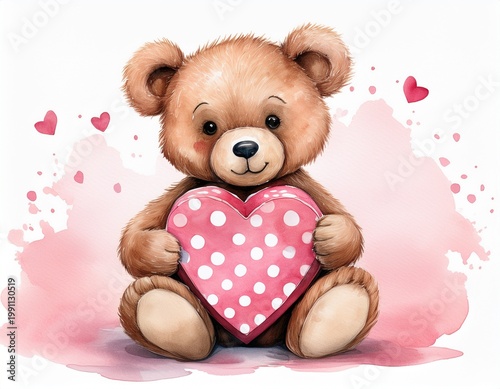 cute watercolor teddy bear sitting and holding a pink heart shaped box with white polka dots