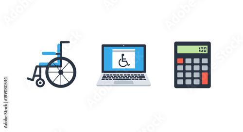 Accessible digital technology and essentials: wheelchair, laptop with accessibility symbol, calculator
