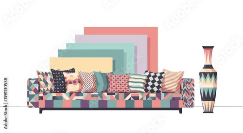 Colorful geometric sofa with decorative pillows and matching vase