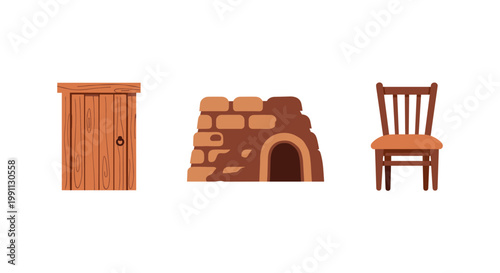 Rustic elements collection: wooden door, mud brick oven, and classic chair