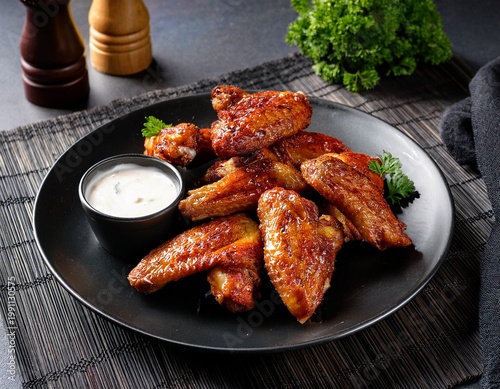 appetizing roasted chicken wings with creamy dip on black plate