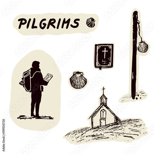 Clipart pilgrim woman with rucksack and shell walking on church sanctuary signpost path. For Canterbury pilgrims way or Camino religious pilgrimage walk. Hospitality sacred bible vector icon drawing.
