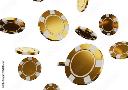Golden poker chips floating in mid-air on transparent background