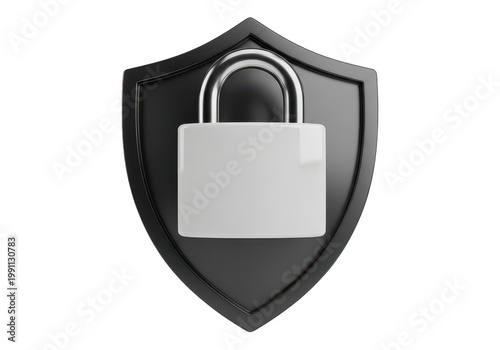 A silver padlock on a black shield on transparent background