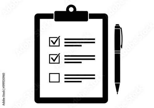A simple clipboard with a pen on a transparent background, used for checking tasks