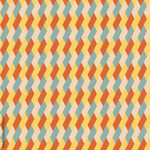 Seamless pattern designed from diagonal orange, blue, yellow and cream parallelograms