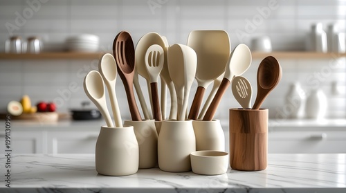 Minimalist Beige Silicone Cooking Utensils Set with Acacia Wood Handles in Ceramic Holder