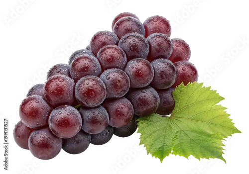 A bunch of red grapes with a green leaf on transparent background