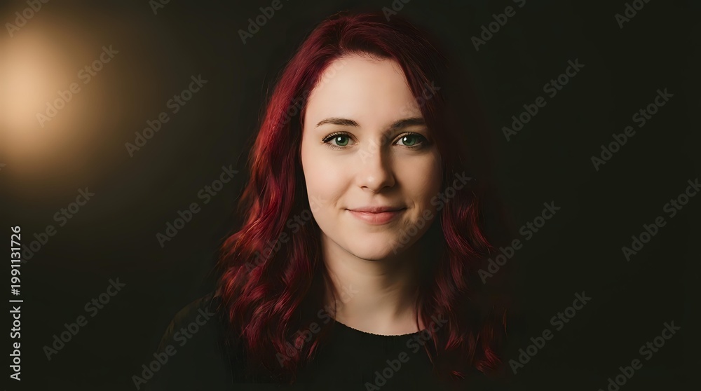 Fototapeta premium Young Caucasian woman with red hair smiling confidently in professional portrait with warm lighting against dark background for business headshots.