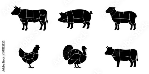 Foto Meat cuts, butcher shop, farm animal icons, beef pork lamb chicken turkey, vecto