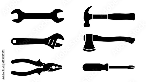 Black silhouette tools, wrench, hammer, pliers, screwdriver icons, repair equipment set