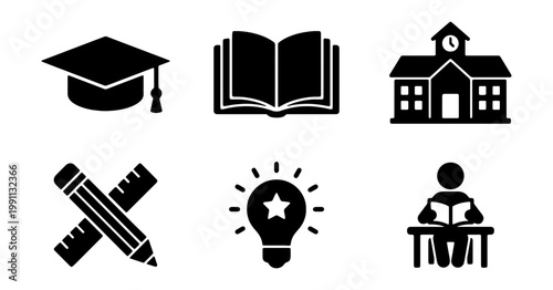 Education icons, school symbols, learning graphics, black vector set