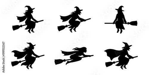 Black witch silhouettes, flying witches, broomstick icons, Halloween vector graphics