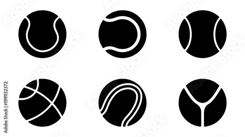 Tennis ball icons, black and white, sports symbols, vector graphics