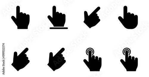 Hand gesture icons, pointing fingers, cursor symbols, black hand signs
