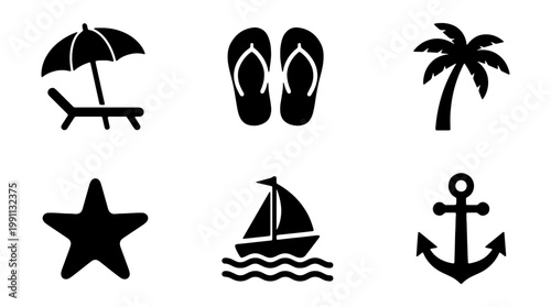 Beach icons, summer symbols, black vector graphics, vacation elements