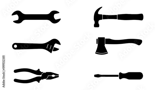 Black silhouette tools, wrench, hammer, pliers, screwdriver icons, repair equipment set