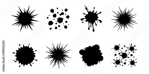 Ink splatter, black inkblots, paint splashes, vector graphics set