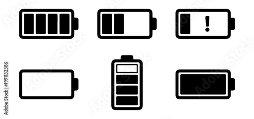 Battery icons, battery level indicators, power symbols, vector graphics