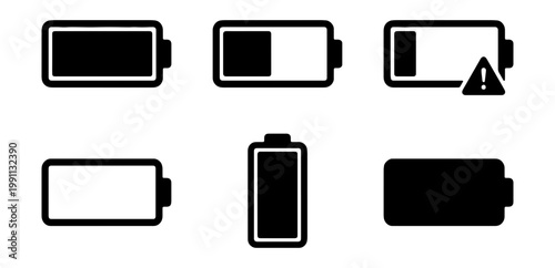 Battery icons, battery level indicators, power symbols, vector graphics