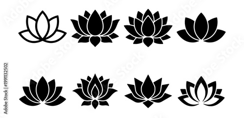 Lotus flower icons set, black floral silhouette vector, zen yoga lily symbols collection
