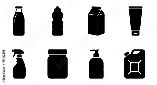 Minimalist packaging icons set, black bottle silhouettes, product container vector