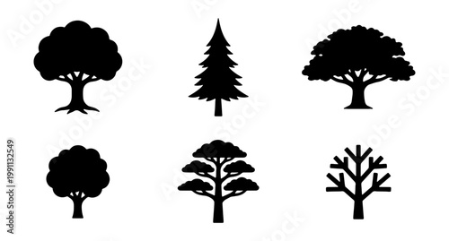 Black tree silhouette icons, 6 nature vector elements, forest plant symbols for logos