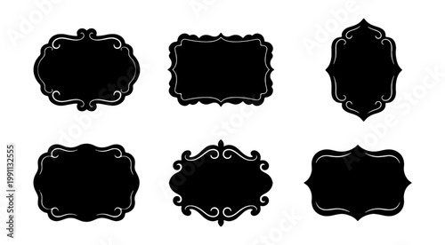 Vintage chalkboard labels, set of 6 black frame vectors, ornate decorative borders