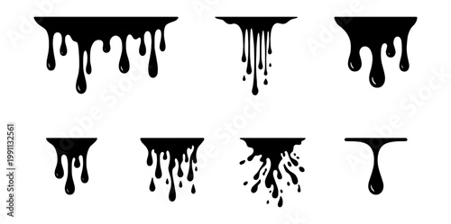 Black dripping paint silhouettes, 7 liquid drip vector icons, ink splash border set