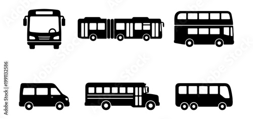 Public bus icons set, city transport silhouettes, 6 vehicle vector elements