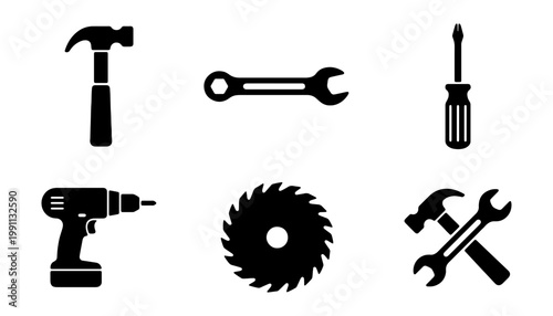 Industrial work tool icons, black construction hardware set, 6 repair vector symbols