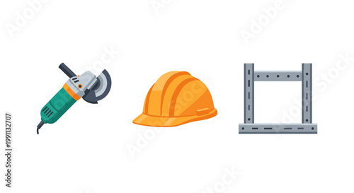 Construction tools and safety gear: angle grinder, hard hat, steel beam icons
