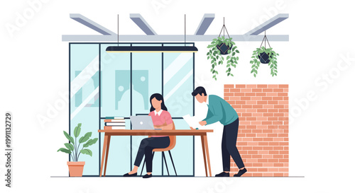 Modern office workspace with two people collaborating in a bright, minimalist setting