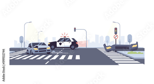 Urban traffic incident with police car in flat design