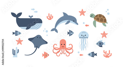 Colorful marine life: cute sea creatures in flat design with whale, dolphin, and starfish